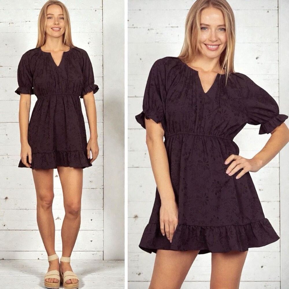 Black Floral Ruffled Babydoll Mini Dress Short Sleeve NWT | Very J
